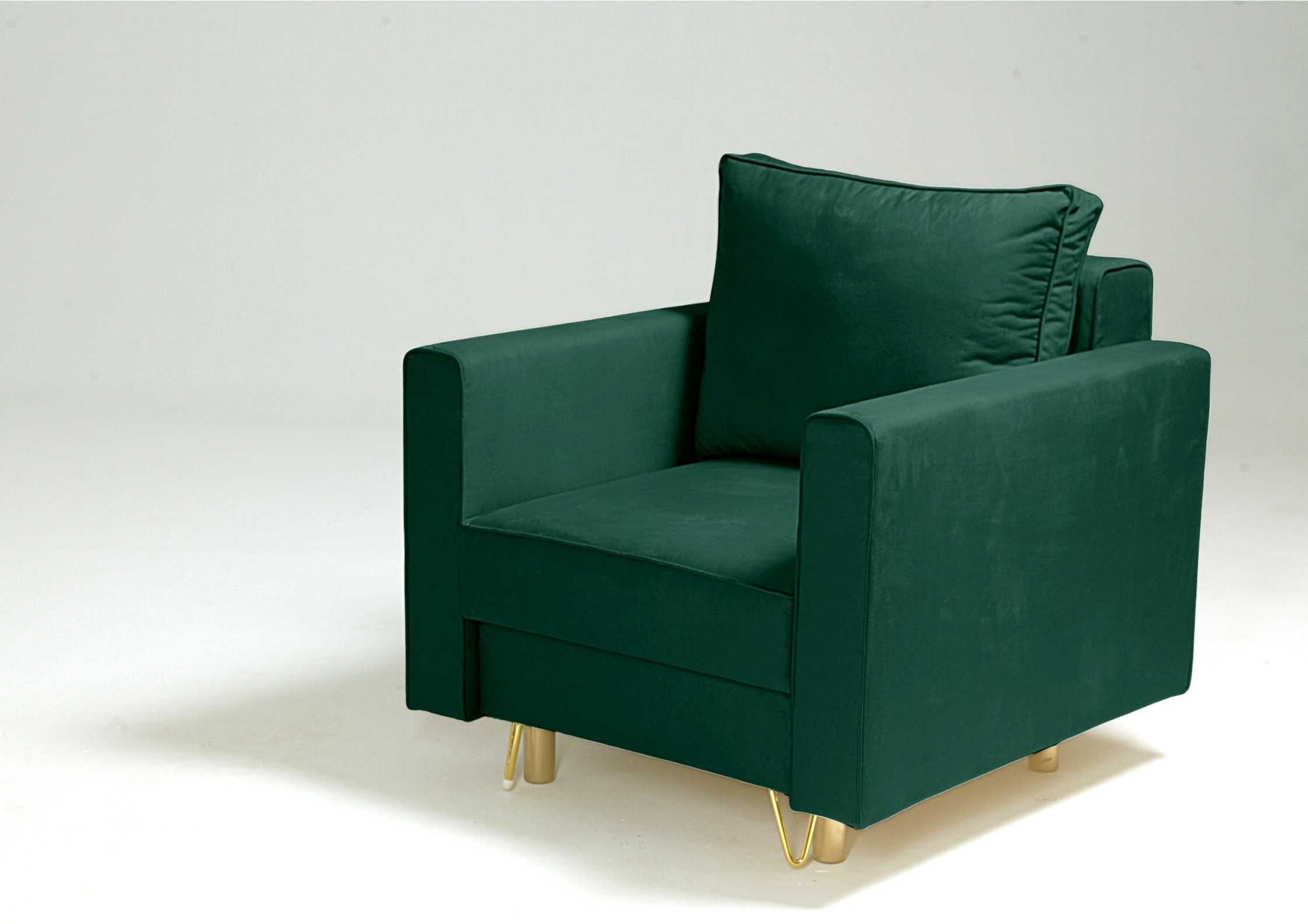 Zielony fotel na złotych nogach DES